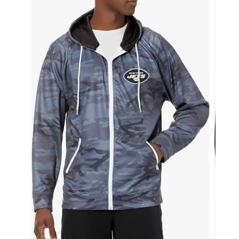 NFL Zubaz Men's New York Jets Tonal Black Camo Full Zip Hoodie, Medium, NWT